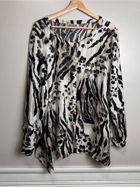 JM Collection Women's 100% Linen Sz 16 Leopard Print Button Up Blouse, EUC
